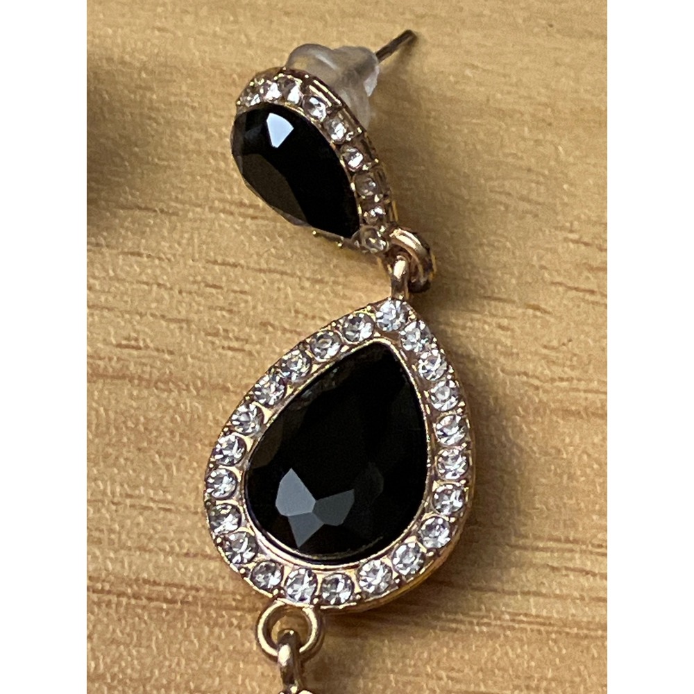 Black Teardrop Dangle Earrings Gold Tone Crystal Halo Triple Tier Statement - Picture 5 of 6